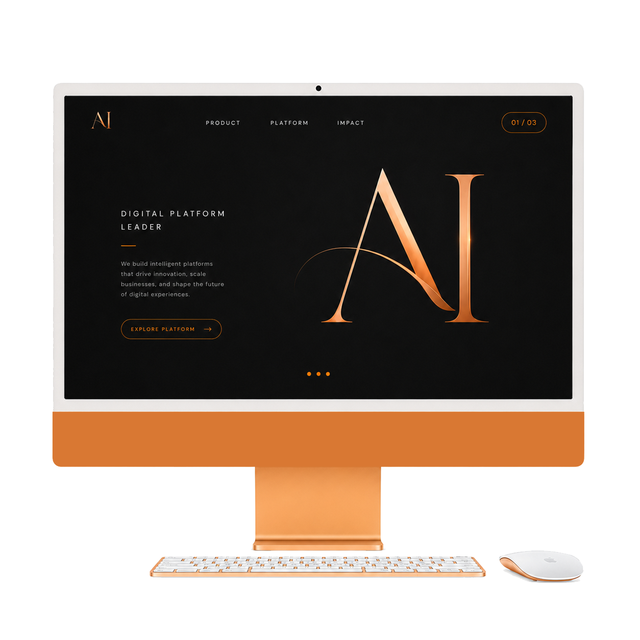 Orange desktop monitor showing Ashkan Izadi digital platform interface
